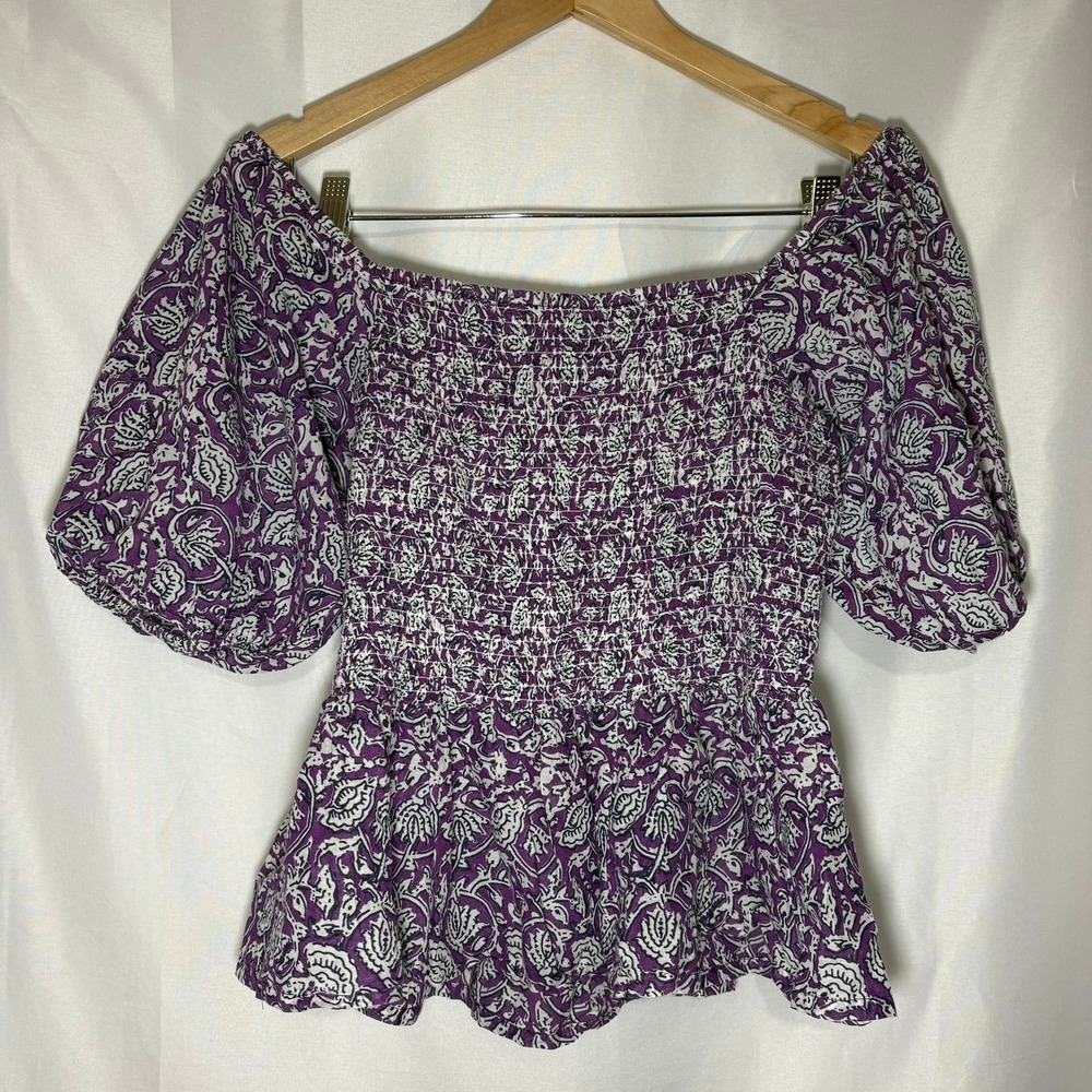Jennifer & Grace Purple Floral Smocked Peplum Top Puff Sleeve Cotton Womens M‎